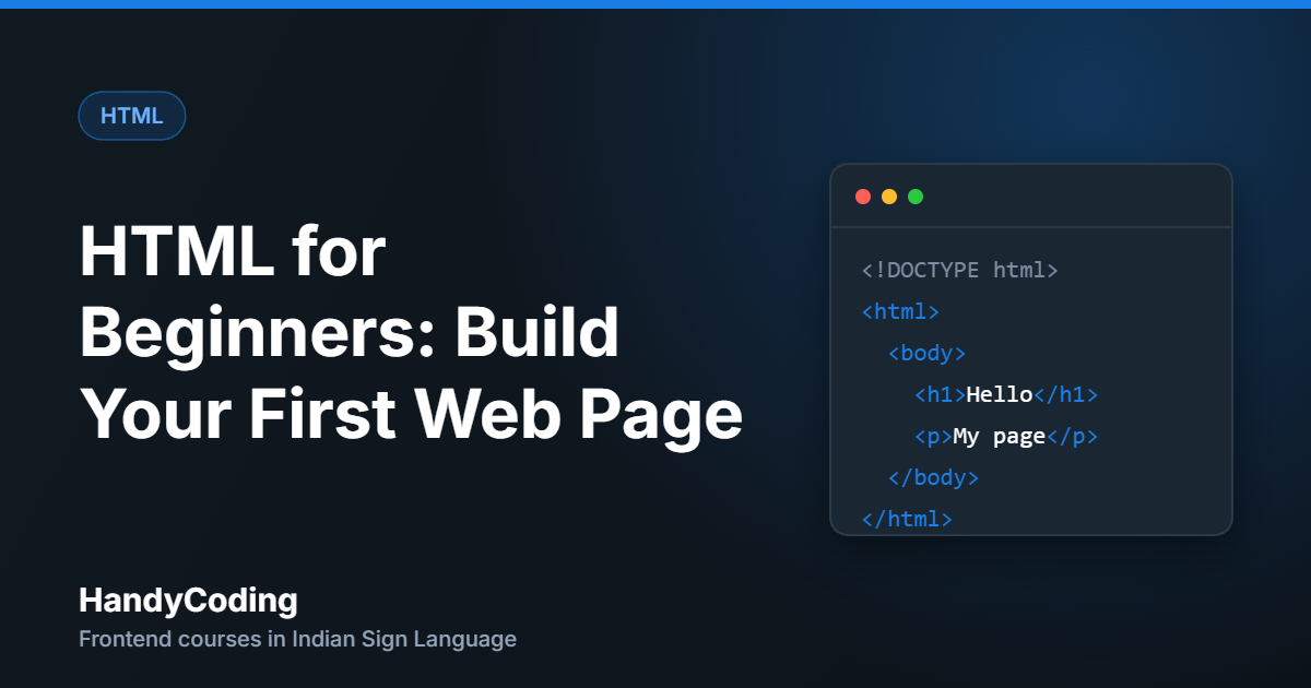 HTML for Beginners cover showing a basic HTML page structure in a code editor