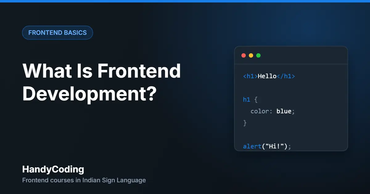 What Is Frontend Development? HandyCoding beginner guide cover with HTML, CSS and JavaScript code